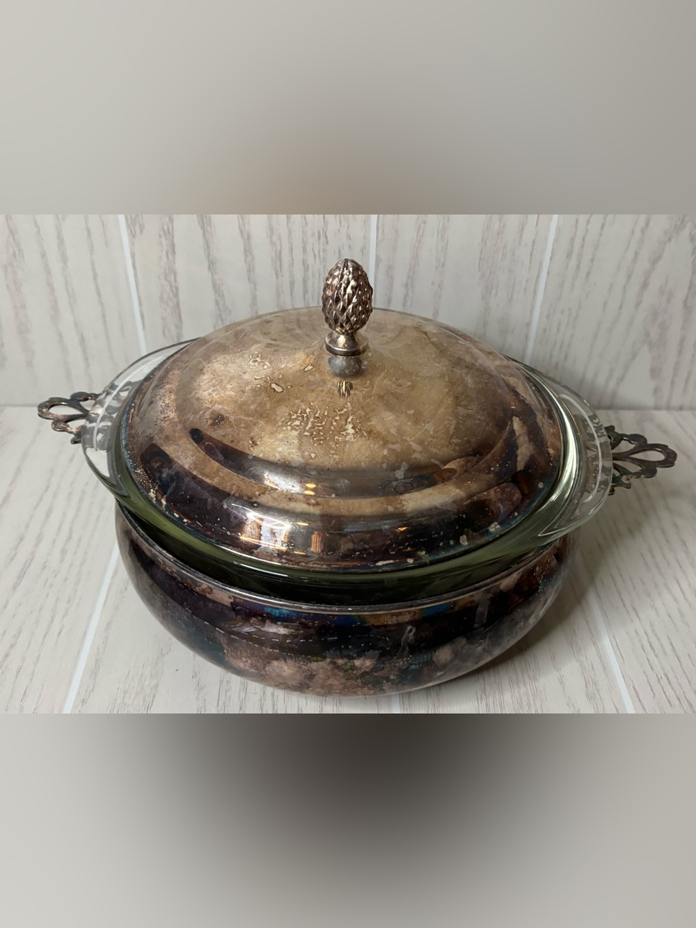 Vintage Sheffield Home Silver Lidded Serving Dish Pyrex Glass Insert Casserole